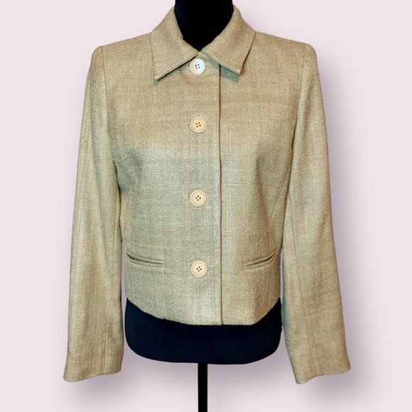 Lauren Ralph Lauren Silk Tweed Blazer Cropped Shrunken Tan Size 10 Petite - Picture 1 of 15
